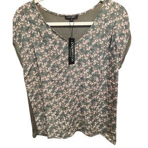Papermoon Floral Print Button‎ Back Cap Sleeve Blouse Green Casual Top Size S